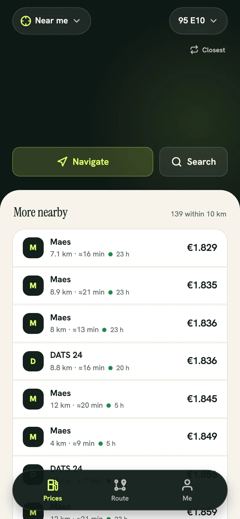 The TankScan24 app showing fuel prices near you