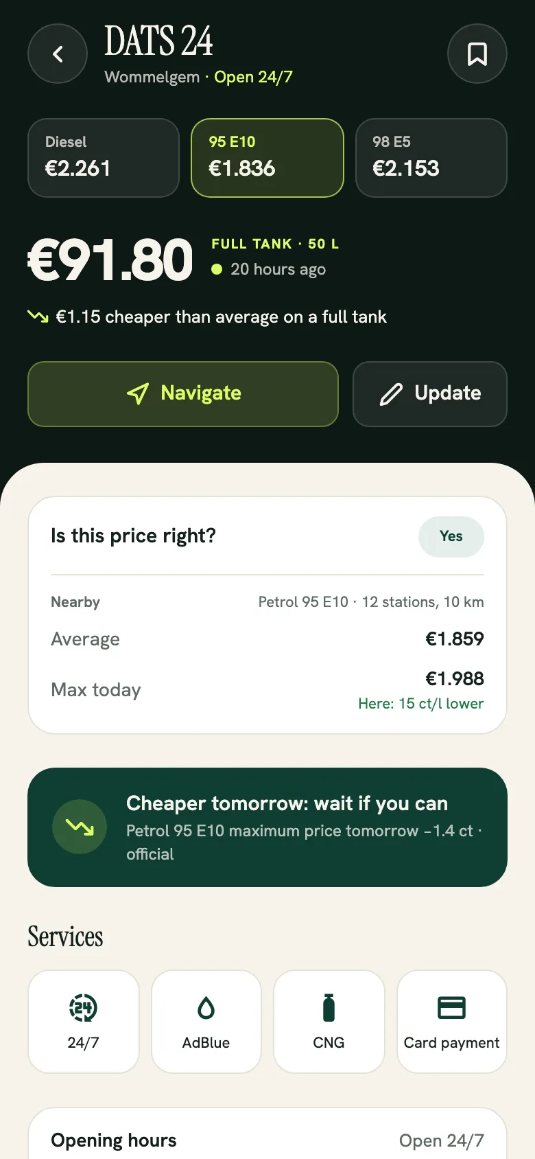 Station details with prices and navigation