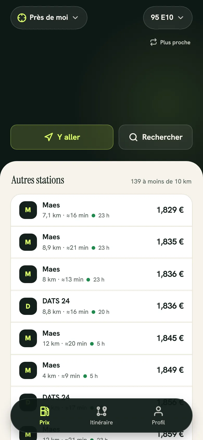 L’app TankScan24 affichant les prix du carburant près de chez vous