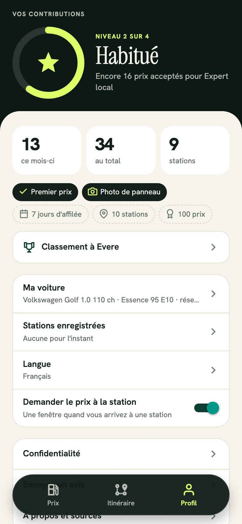 Les niveaux des contributeurs dans l’app