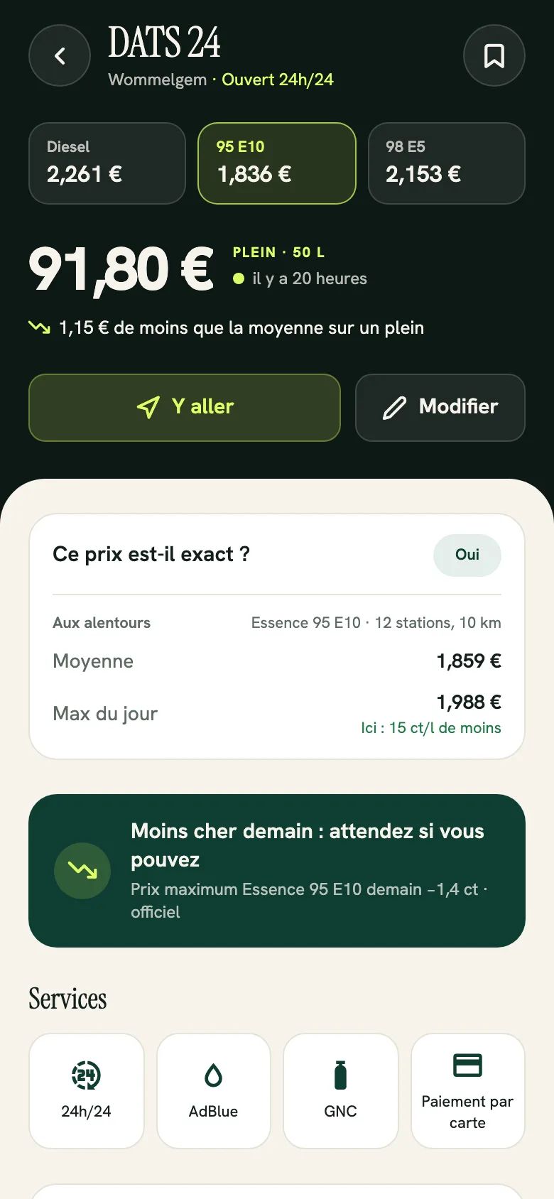 Détail d’une station avec les prix et l’itinéraire