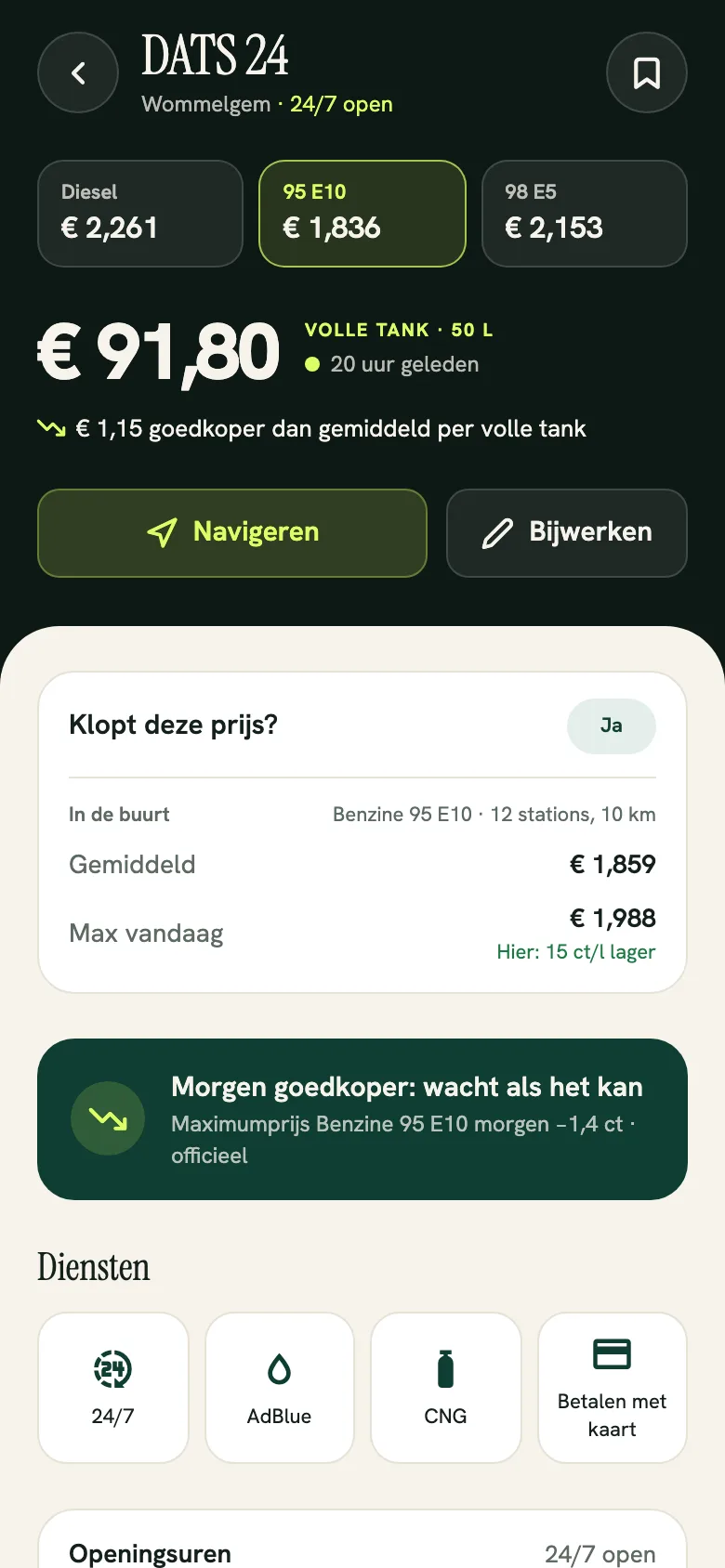 Stationdetails met prijzen en navigatie